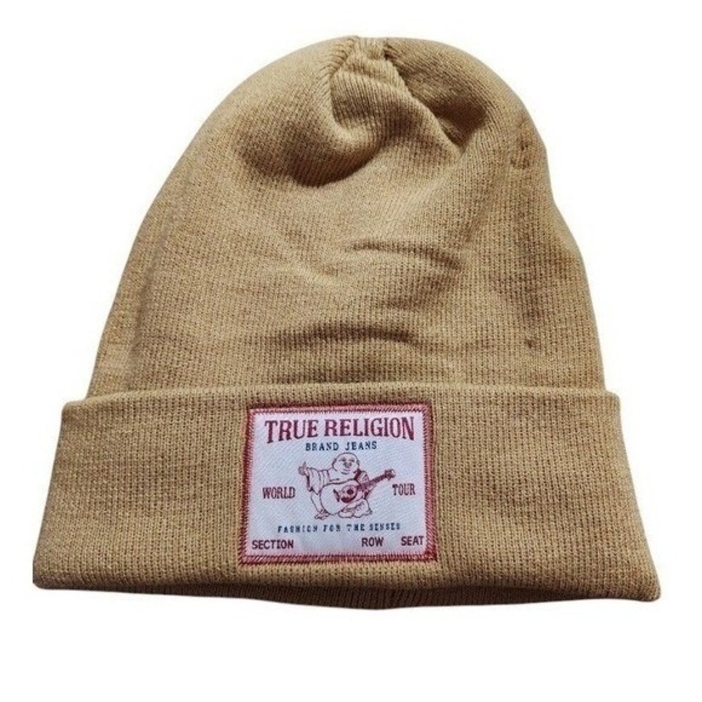 True Religion Tan Ribbed Knit Buddha Patch Cuffed Beanie Hat One Size Y2K